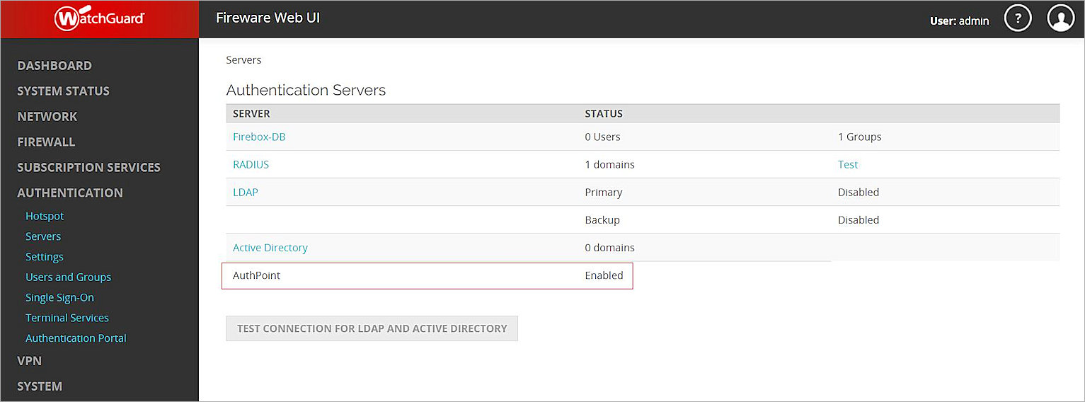 Screenshot that shows the AuthPoint authentication server in the list of authentication servers on the Firebox.
